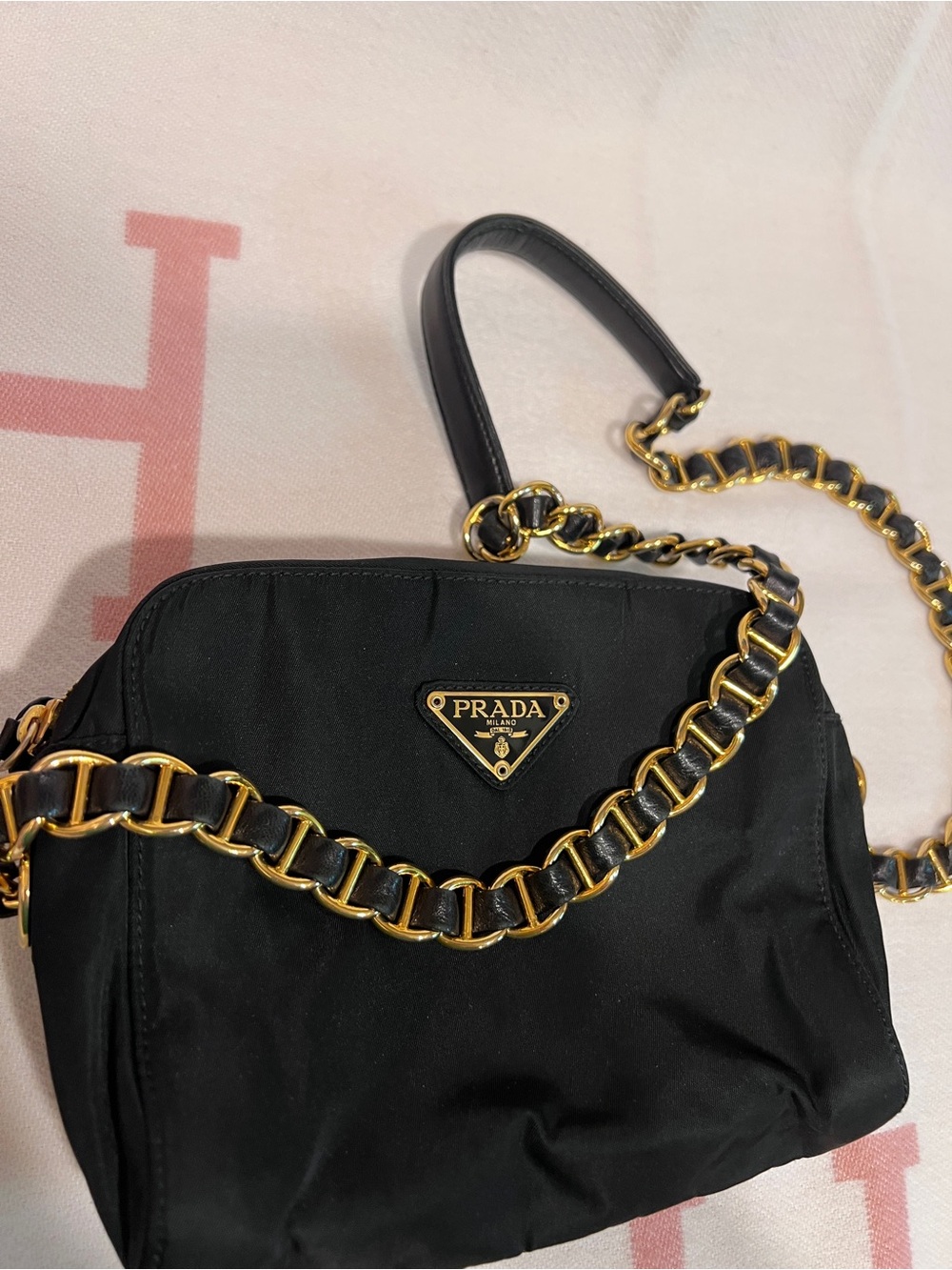 PRADA⭐️Black Nylon Shoulder Bag with Gold Chain! Offers welcome!